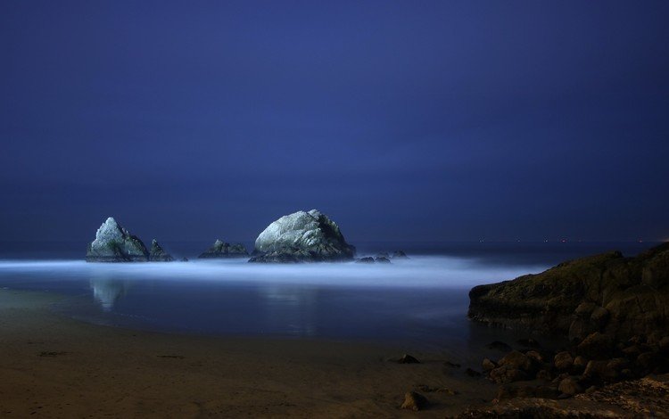 ночь, вечер, скалы, синий, море, night, the evening, rocks, blue, sea