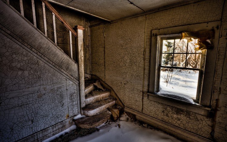 снег, развалины, лестница, комната, окно, snow, the ruins, ladder, room, window
