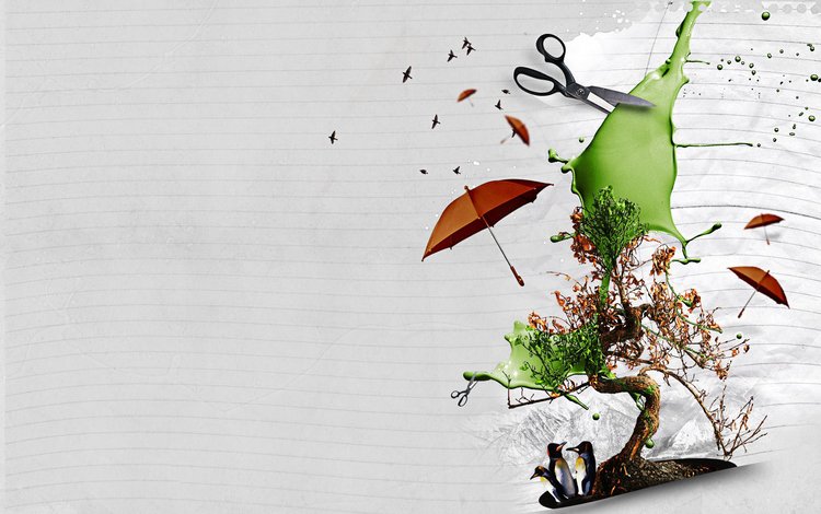 дерево, зонт, фотошоп, коллаж, пингвины, ножницы, tree, umbrella, photoshop, collage, penguins, scissors