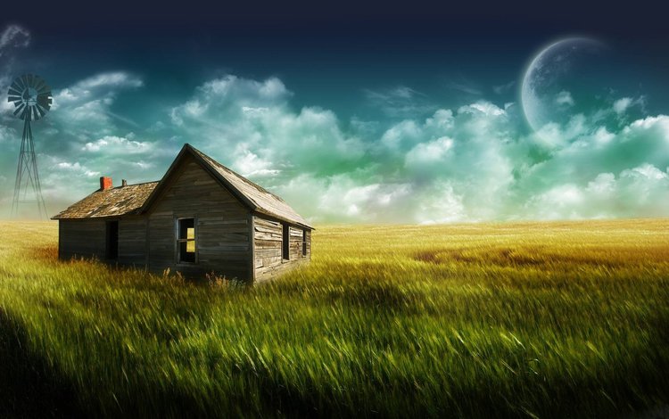 трава, луна, дом, одинокий дом, grass, the moon, house