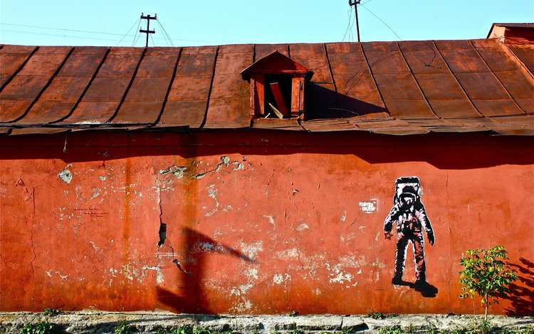 стена, дом, растение, крыша, космонавт, граффити, екатеринбург, wall, house, plant, roof, astronaut, graffiti, ekaterinburg
