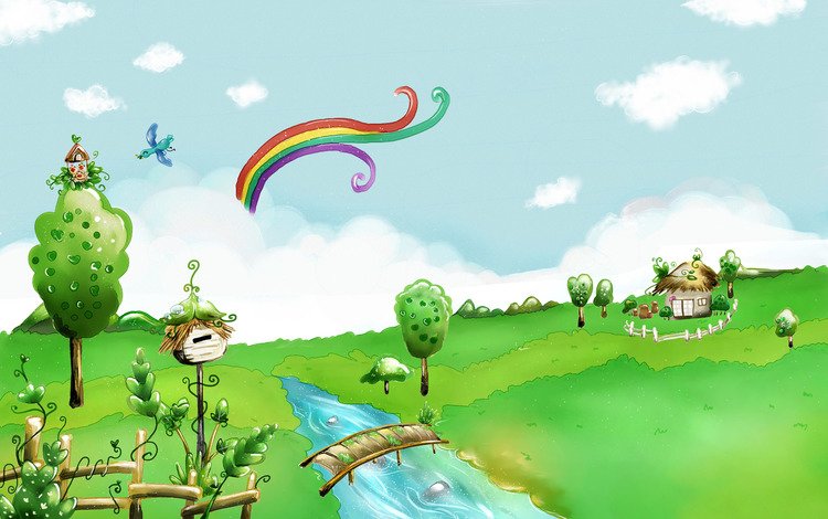 рисунок, акварель, река, детская, природа, деревня, радуга, домик, детство, лужайка, figure, watercolor, river, children's, nature, village, rainbow, house, childhood, lawn
