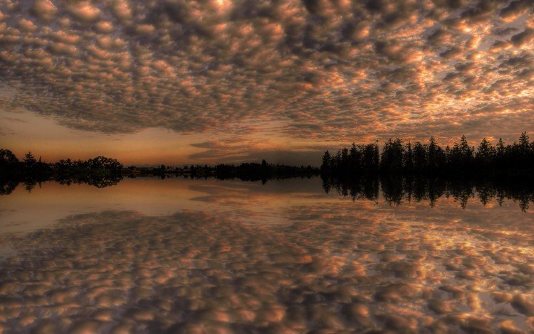 небо, облака, деревья, озеро, отражение, the sky, clouds, trees, lake, reflection