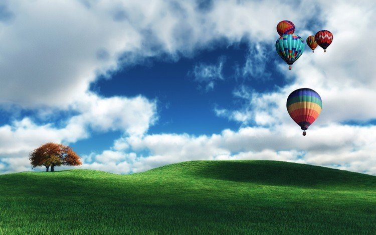 облака, дерево, шары, поле, воздушные, clouds, tree, balls, field, air