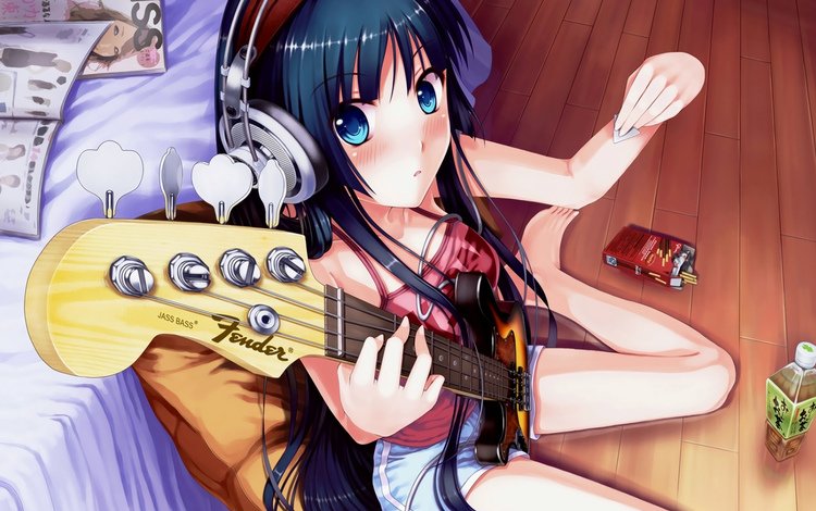 девушка, настроение, гитара, музыка, взгляд, аниме, наушники, k-on, мио, m & e, girl, mood, guitar, music, look, anime, headphones