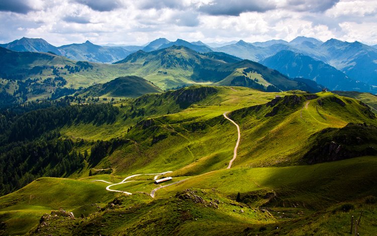 дорога, долина, облака, kitzbuhel mountain, деревья, холмы, природа, пейзаж, гора, австрия, road, valley, clouds, trees, hills, nature, landscape, mountain, austria