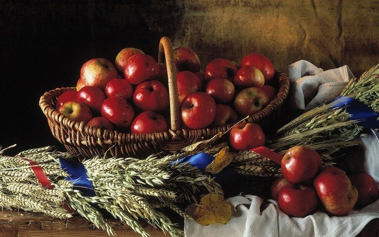 яблоки, красные, корзина, натюрморт, плетёная, apples, red, basket, still life, braided