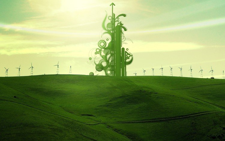 зелёный, поле, обработка, ветряки, green, field, treatment, windmills