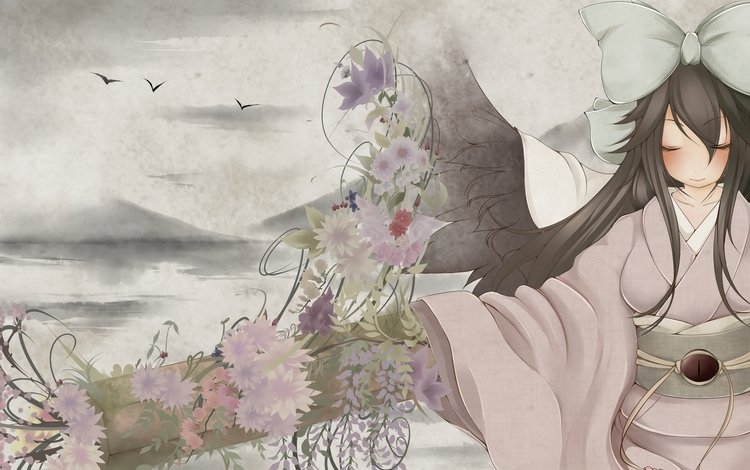 небо, цветы, кимоно, reiuji utsuho, бант, the sky, flowers, kimono, bow