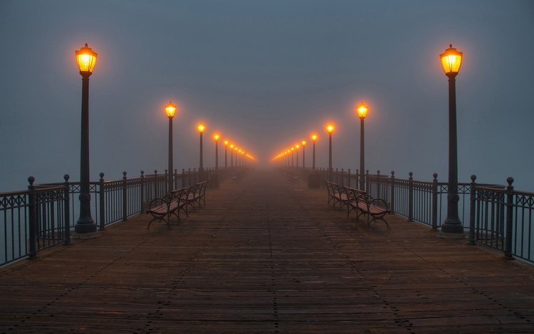 фонари, туман, причал, lights, fog, pier