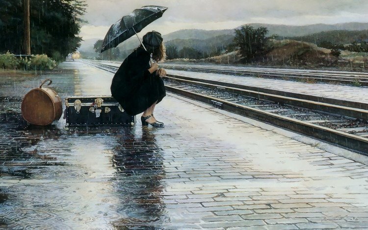 девушка, грусть, дождь, чемодан, перрон, расставание, girl, sadness, rain, suitcase, the platform, parting