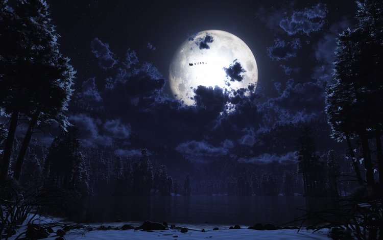 ночь, луна, санта клаус, night, the moon, santa claus