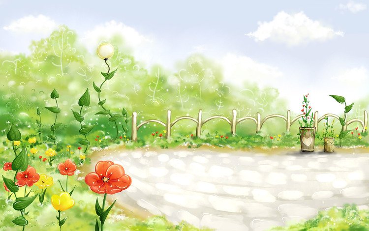 цветы, облака, забор, flowers, clouds, the fence