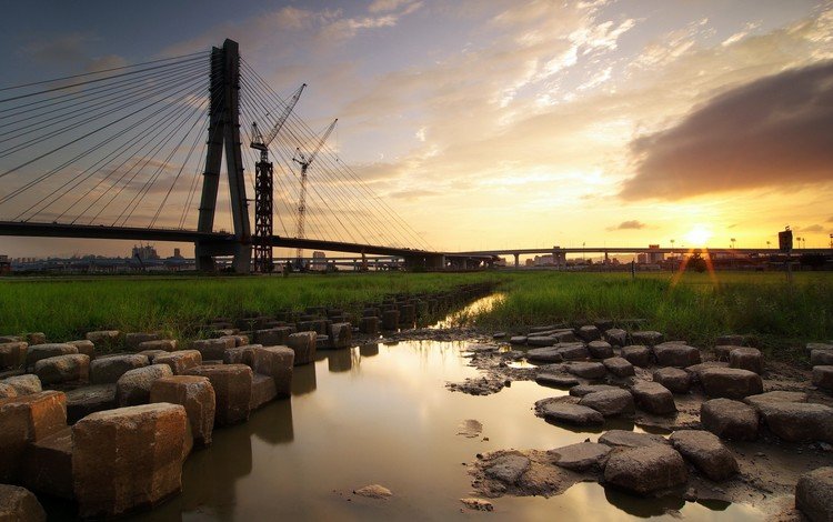 вода, камни, закат, мост, стройка, water, stones, sunset, bridge, construction
