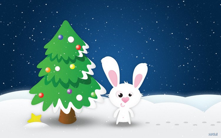 снег, новый год, елка, звезда, кролик, заяц, snow, new year, tree, star, rabbit, hare