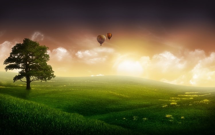 небо, трава, дерево, шары, туман, фантастика, the sky, grass, tree, balls, fog, fiction
