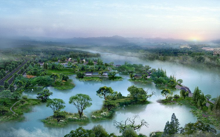 деревья, туман, пейзажи, речка, trees, fog, landscapes, river
