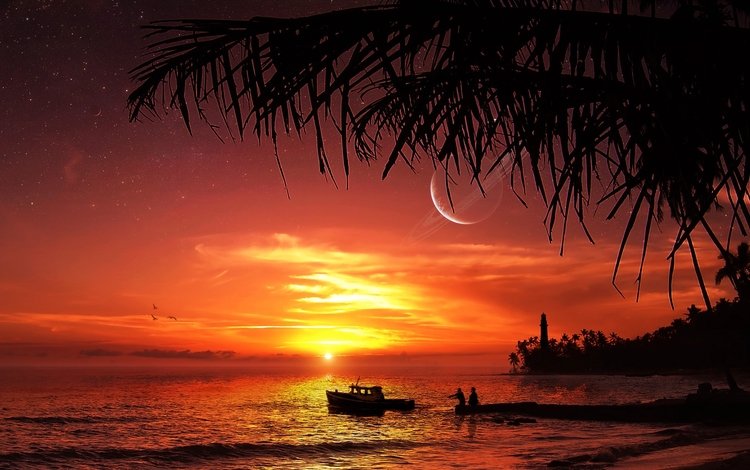 закат, пляж, маяк, луна, побережье, лодка, пальма, остров, sunset, beach, lighthouse, the moon, coast, boat, palma, island
