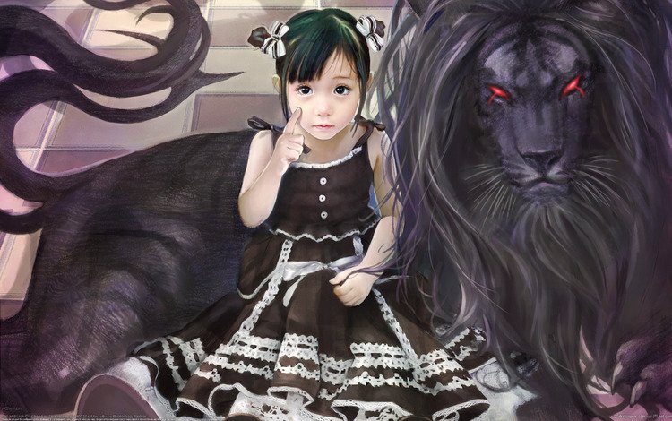рисунок, девочка, черный лев, figure, girl, black lion