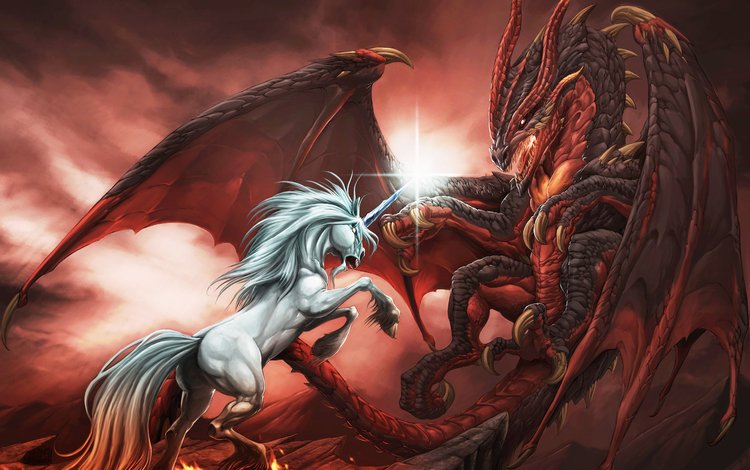 дракон, бой, рисунки, единорог, mythology, огненная, dragon, battle, drawings, unicorn, fire