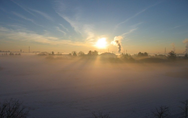 солнце, снег, зима, туман, деревня, дым, the sun, snow, winter, fog, village, smoke