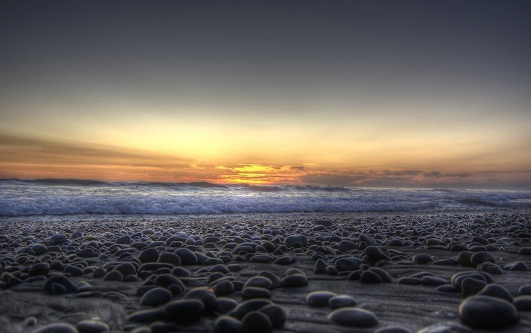 камни, берег, галька, волны, закат, море, stones, shore, pebbles, wave, sunset, sea