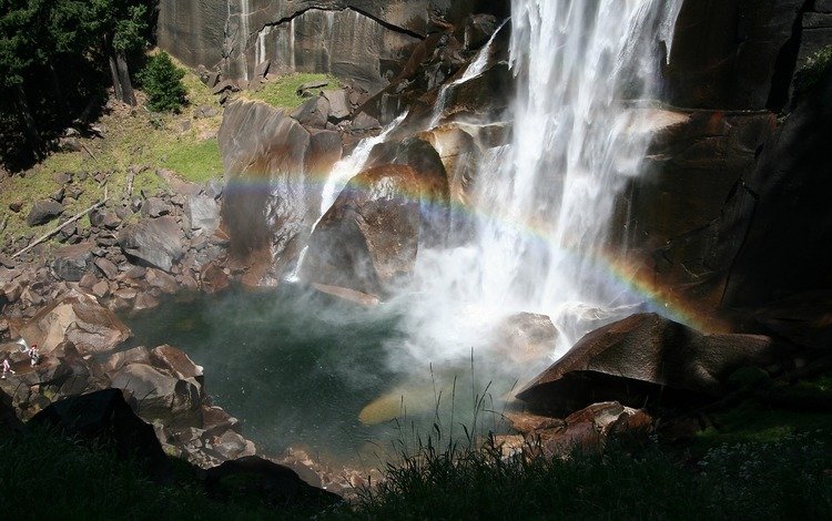 скалы, водопад, радуга, разлом, сила, захватывает, rocks, waterfall, rainbow, the rift, power, captures