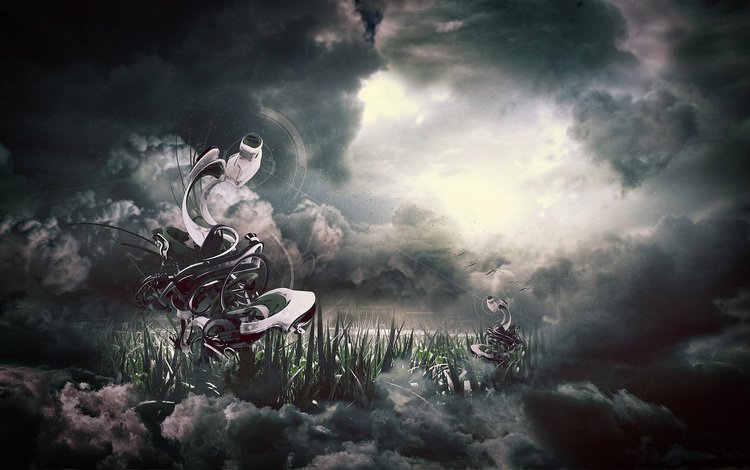 небо, трава, тучи, водоем, абстракная фигура, the sky, grass, clouds, pond, abstraktnaya figure