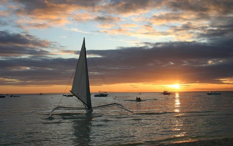вода, закат, лодки, water, sunset, boats