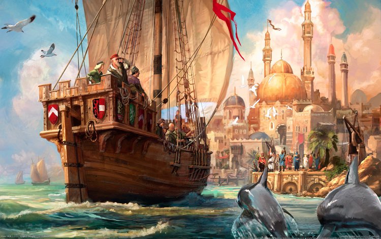 волны, прибытие, корабль, торговля, краски, чайки, пристань, мечеть, дельфины, anno 1404, путешествие, journey, wave, arrival, ship, trade, paint, seagulls, marina, mosque, dolphins