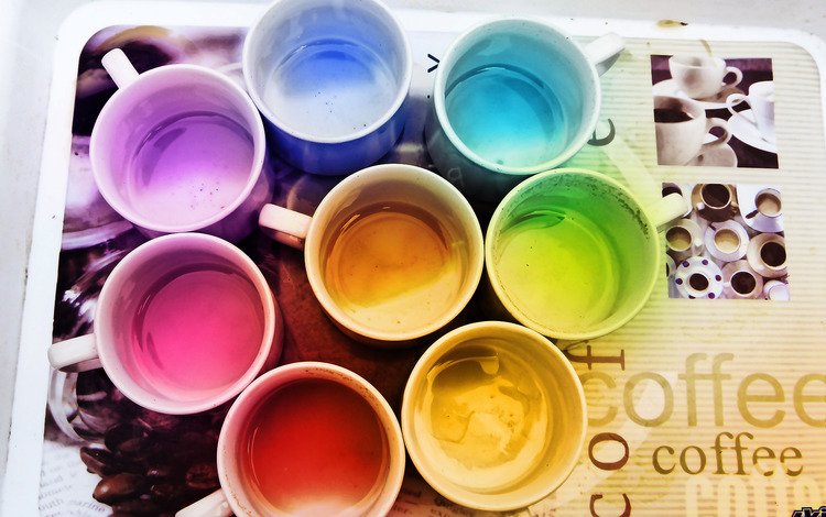 цвета, кофе, радуга, кружки, поднос, color, coffee, rainbow, mugs, tray