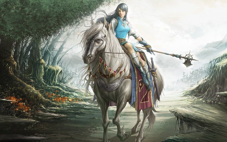 лошадь, лес, девушка, оружие, меч, сказка, horse, forest, girl, weapons, sword, tale