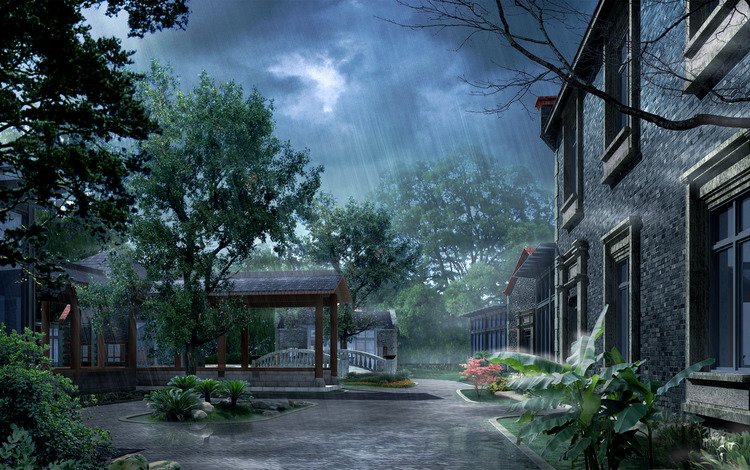 дождь, фотошоп, двор, rain, photoshop, yard