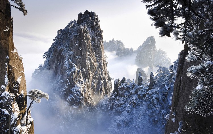 скалы, снег, китай, rocks, snow, china
