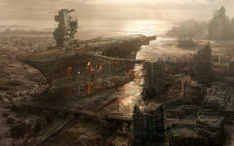 рисунок, корабль, город, авианосец, разрушение, fallout 3, figure, ship, the city, the carrier, destruction