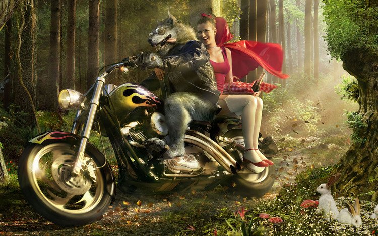 мотоцикл, волк, красная шапочка, motorcycle, wolf, little red riding hood