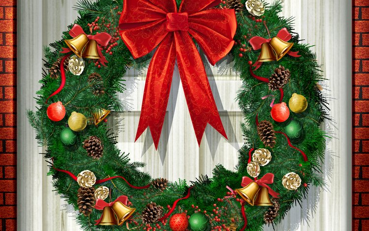 новый год, дверь, бант, еловый венок, new year, the door, bow, fir wreath