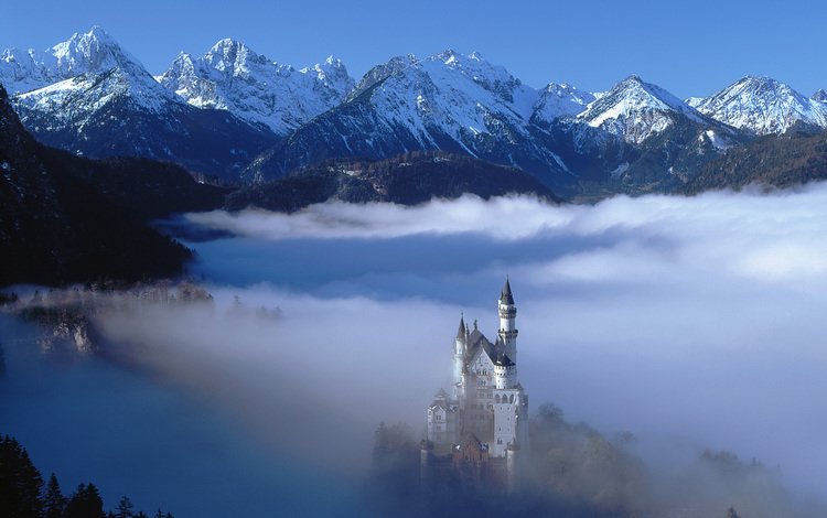 горы, туман, замок, германия, нойшванштайн, бавария, mountains, fog, castle, germany, neuschwanstein, bayern