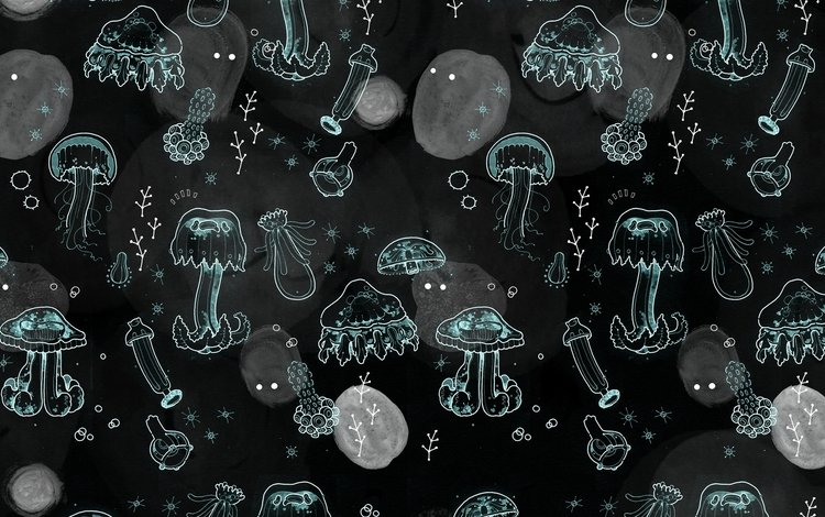текстура, черный фон, медузы, texture, black background, jellyfish