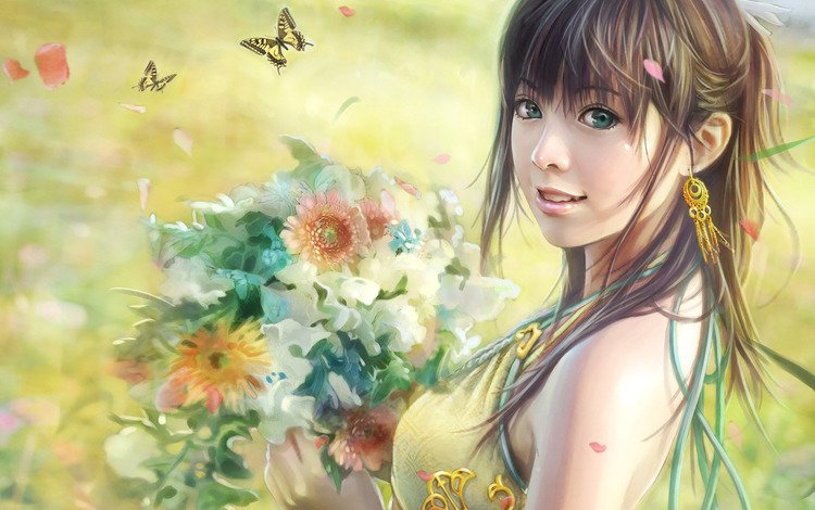 цветы, рисунок, букет, бабочки, i-chen lin, flowers, figure, bouquet, butterfly