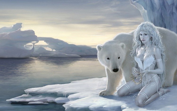 снег, девушка, фентези, медведь, льдины, белый мишка, snow, girl, fantasy, bear, ice, white bear
