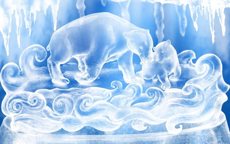 рисунок, снег, синий, белый, медведи, figure, snow, blue, white, bears
