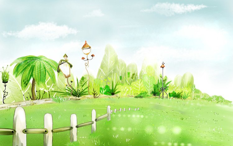 рисунок, трава, забор, пальма, акварель, figure, grass, the fence, palma, watercolor