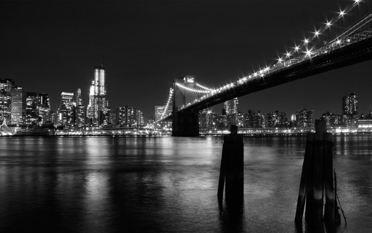 огни, мост, черно-белая, нью-йорк, lights, bridge, black and white, new york