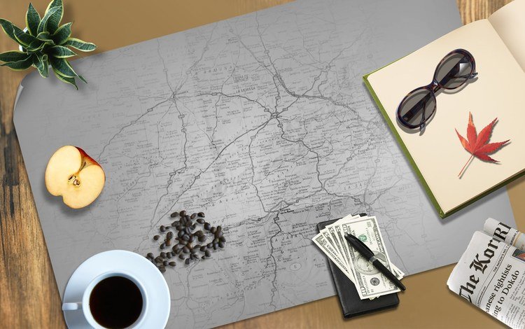 кофе, вещи, карта, рабочий стол, coffee, things, map, desk