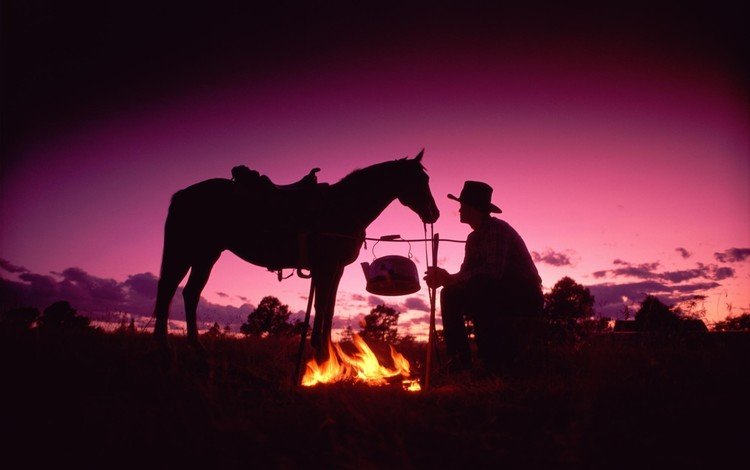 вечер, костёр, ковбой, the evening, the fire, cowboy