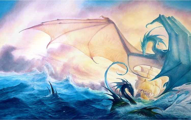 фентези, море, корабль, драконы, fantasy, sea, ship, dragons