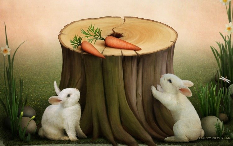 кролик, праздник, пенек, открытка, поздравления, символ года, морковка, с новым годом, rabbit, holiday, stump, postcard, congratulations, symbol of the year, carrot, happy new year