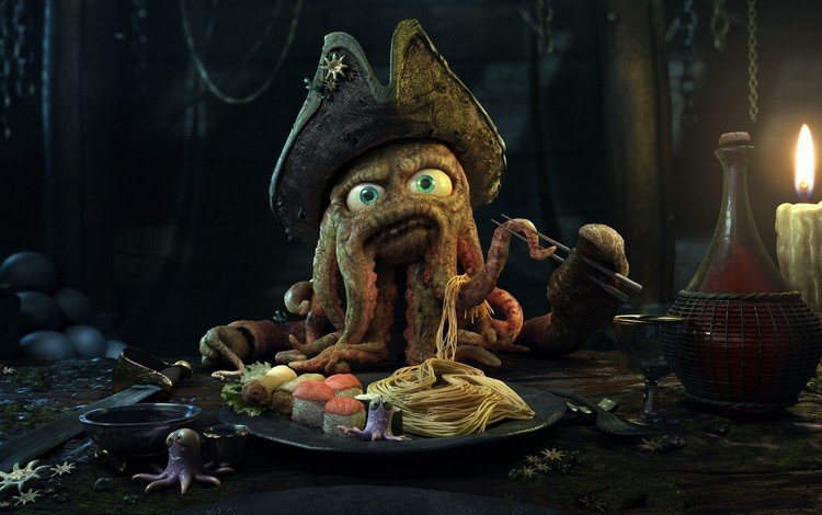 осьминог, капитан, ужин, octopus, captain, dinner