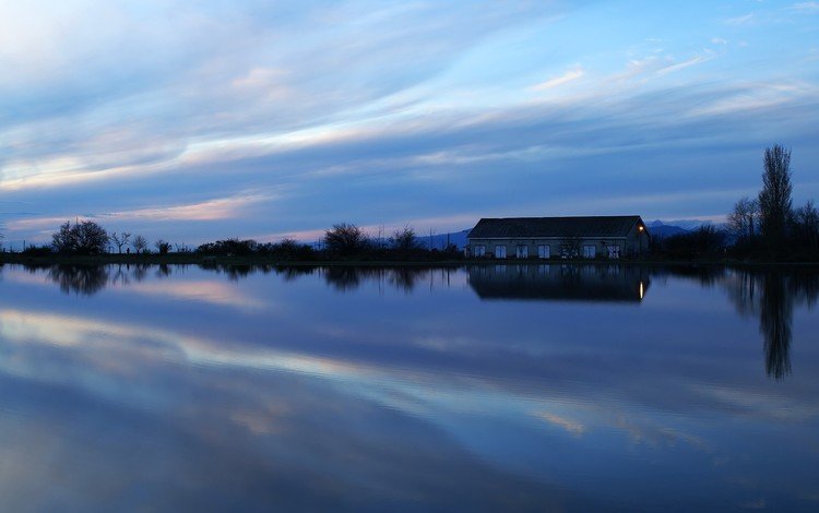 вечер, озеро, отражение, здание, the evening, lake, reflection, the building